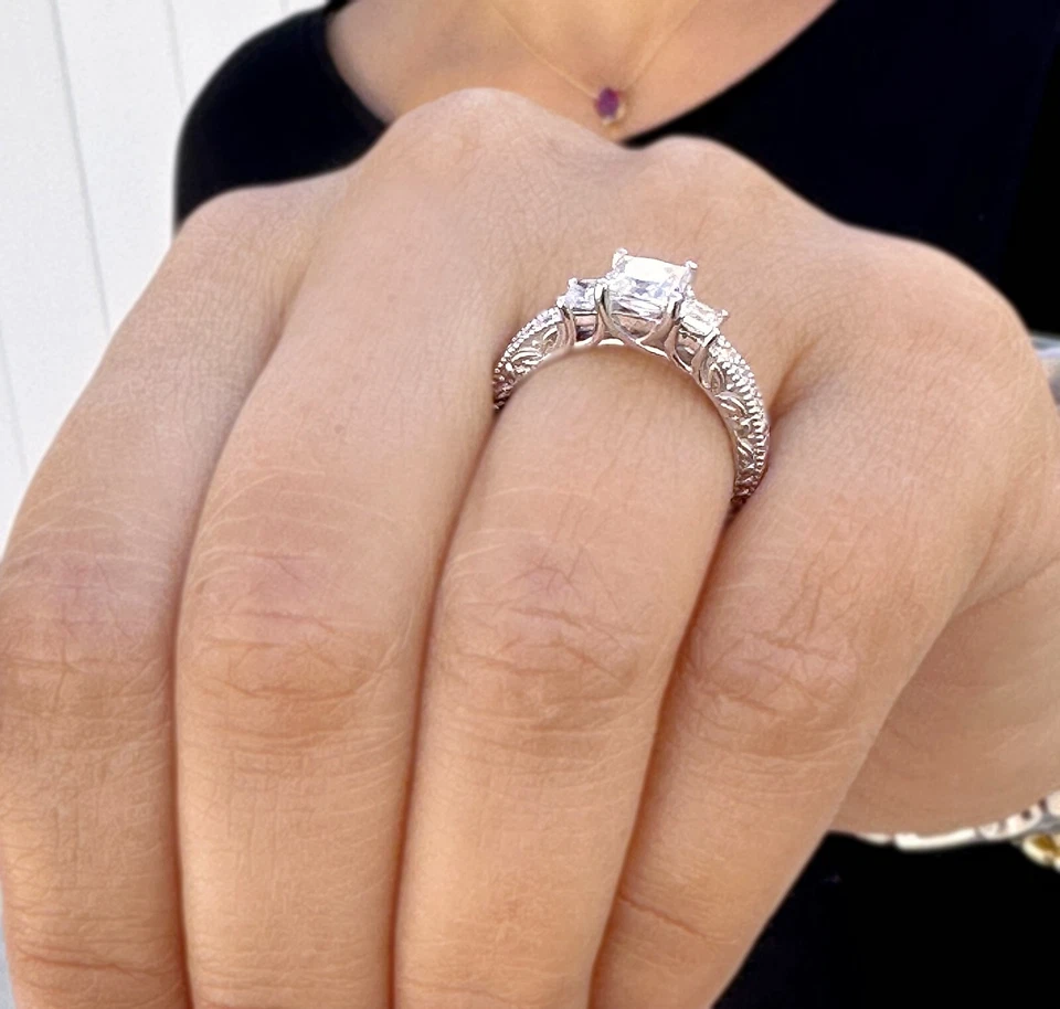 Princess Diamond Engagement Ring Three Stone IGI Certified 14k White Gold 1.60ct - Image 3 of 4