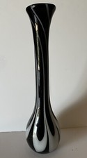 Hand Blown Black Glass Vase Vintage With White Swirls Long Neck 13.5  Halloween