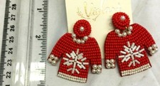Beaded Earrings Winter Holiday Christmas Sweater Red White Snowflake NWT