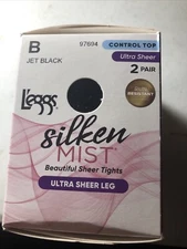 Leggs Silken Mist 2 PAIR Jet Black B Ultra Sheer Leg Control Top Tights 97694