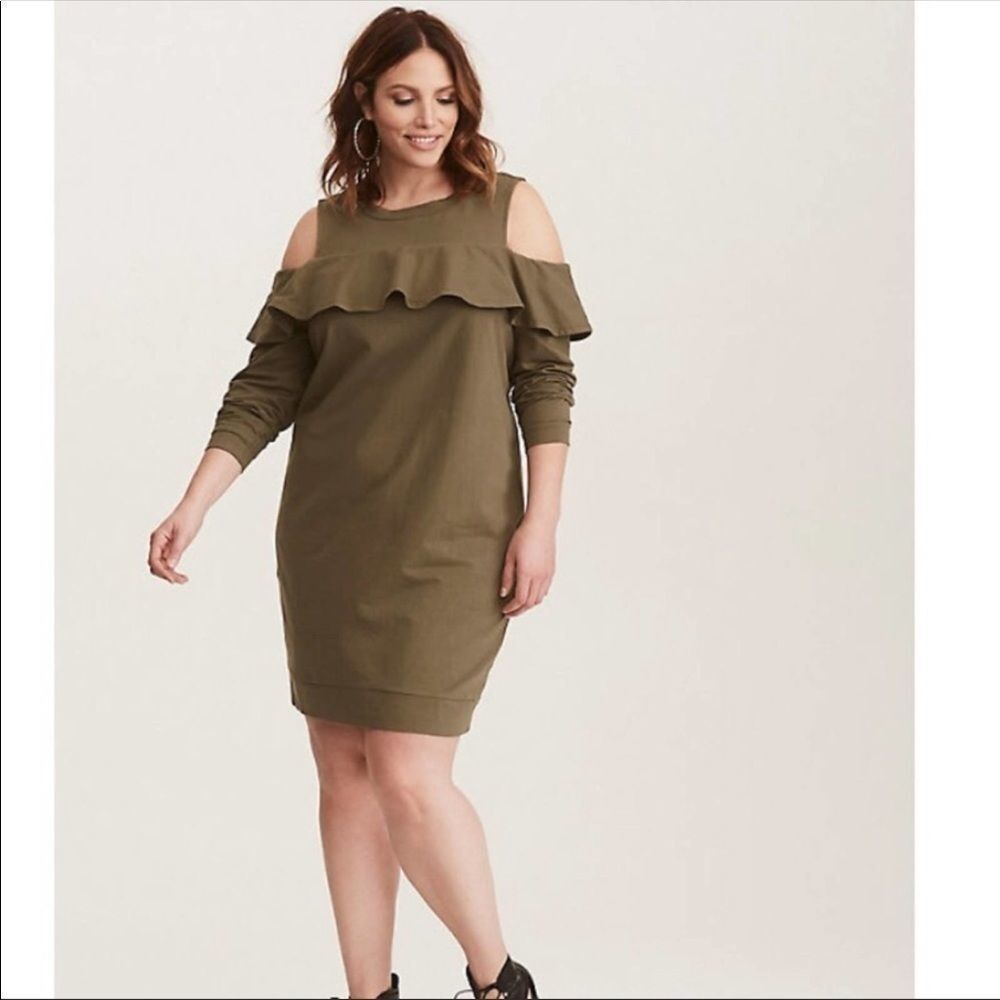 torrid Size 4 Olive Green Cold Shoulder Ruffle Top Dress