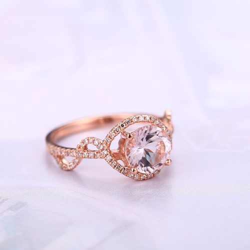 Solid 10K Rose Gold 1.4CT Morganite Round 7mm H Diamonds Gemstone Luxurious Ring - Picture 10 of 10