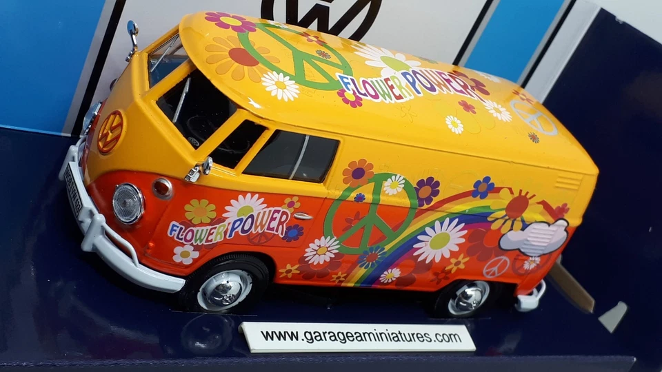 VAN TYPE 2 T1 FLOWER POWER VOLKSWAGEN ORANGE MOTORMAX 79563 ECHELLE AU 1/24 EME - Photo 2/4