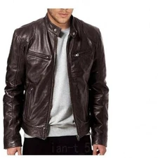Leather Jacket Men Brown Biker Vintage Motorcycle Jacket Genuine Sheep Leather