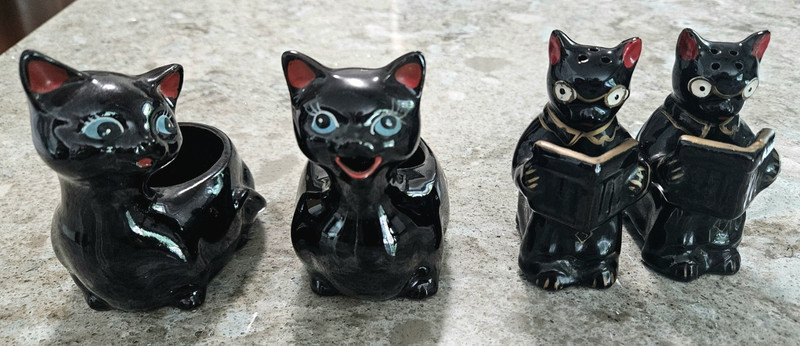 Redware Black Cat Ceramic Salt & Pepper Shaker Set And Cream And Sugar Set