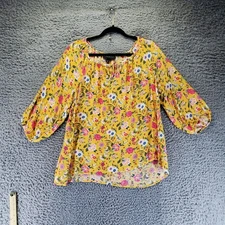 Lane Bryant Top Womens Size 16 Yellow Floral Printed 3/4 Sleeve Blouse