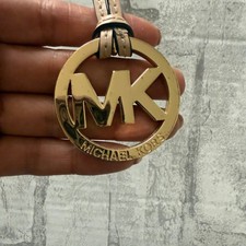 Michael Kors Gold Tone Logo Charm Key Fob Purse Hang Tag Circle Tan Leather 2"