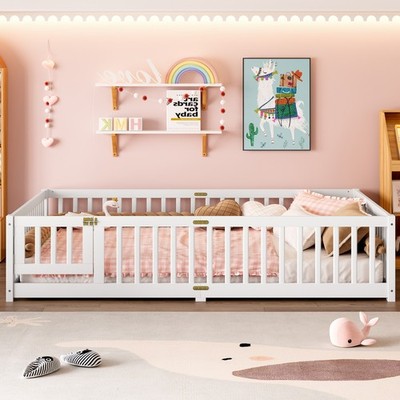 Queen Size Bed Floor Bed with Safety Guardrails and Door for Kids, White