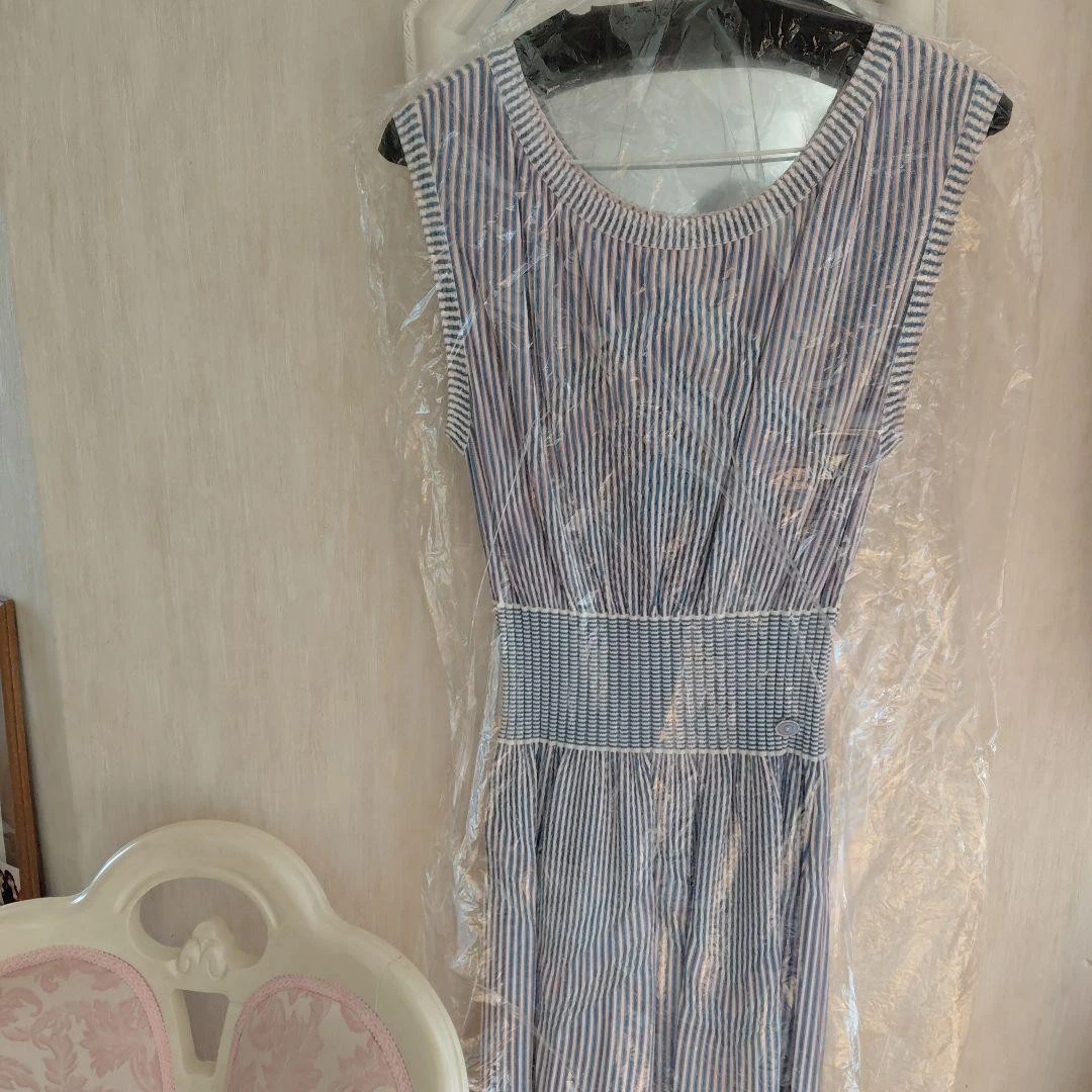 Chanel — CHANEL Blue White Stripe Sleeveless Dress Gathered Waist Size S SR2070