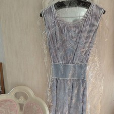 CHANEL Blue White Stripe Sleeveless Dress Gathered Waist Size S SR2070