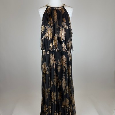 NWD MSK Black Gold Metallic Floral Halter Maxi Dress Pleated Size 20W  Blouson | eBay