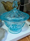 Vintage Anchor Hocking "Fairfield" Pattern Light Blue Lidded Candy Dish