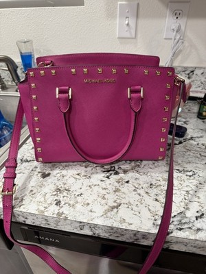 Michael Kors Pink Studded Satchel Top Handle Bag Zip Gold Hardware Detach Strap