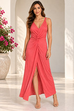 Womens Coral Pink V Neck Twist Front Sleeveless Maxi Dress Casual Party Size S