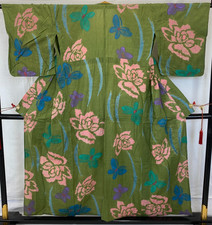 Japanese Vintage Kimono Yukata Cotton Green No Lining Traditional Length 59 in