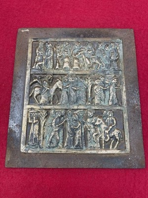 Altes religiöses Schild Metall und Bronze Szene Leben Christi Tabernakeltür?