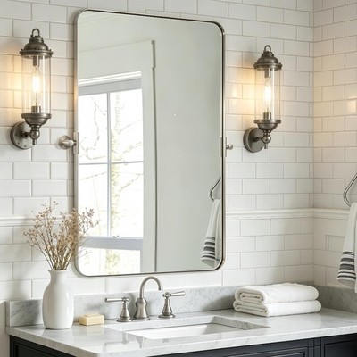 22''x34'' Brushed Nickel Pivot Mirror for Bathroom, Silver Metal Frame Bathroom...