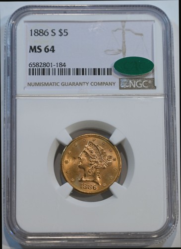 1886 S  $5  NGC graded MS64 CAC approved  Liberty Gold Coin  Free Shipping!!