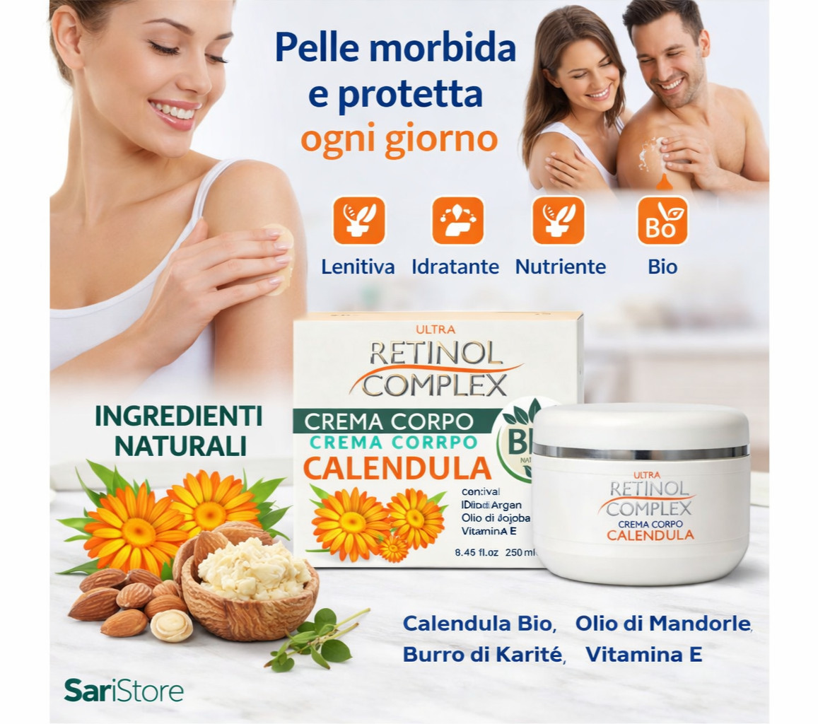 Crema Corpo Calendula Bio 100% 250ml Retinol Idratante Lenitiva Pelli Sensibili