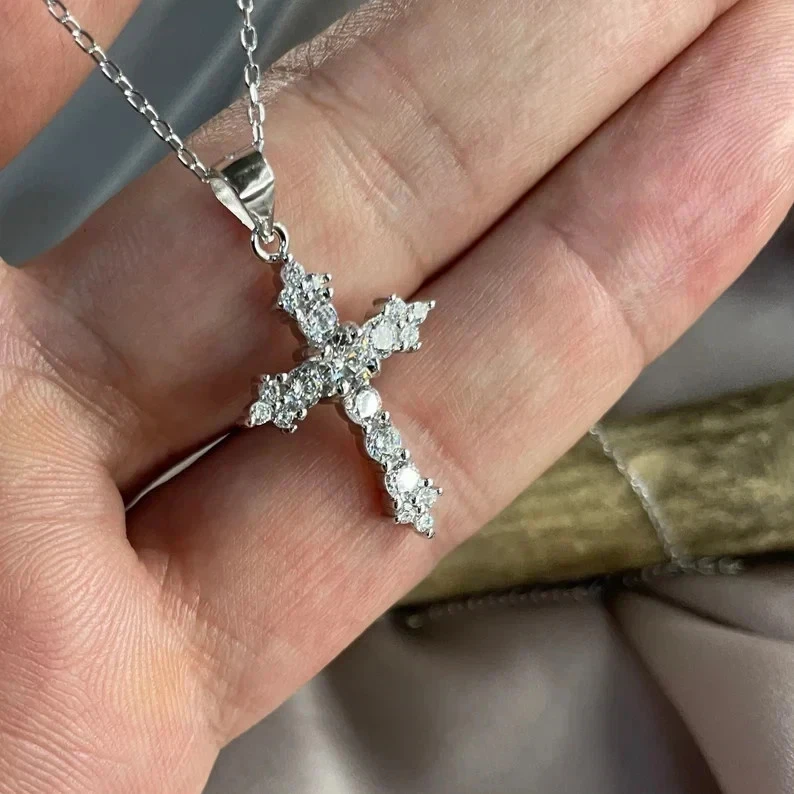 2.10Ct Round Cut Lab-Created Diamond Women's Cross Pendant 14K White Gold Plated - Image 2 of 4