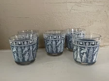 Set of 5 1950s Vintage Jeanette Blue Grecian Glasses Wedgewood Jasperware 3.2”T