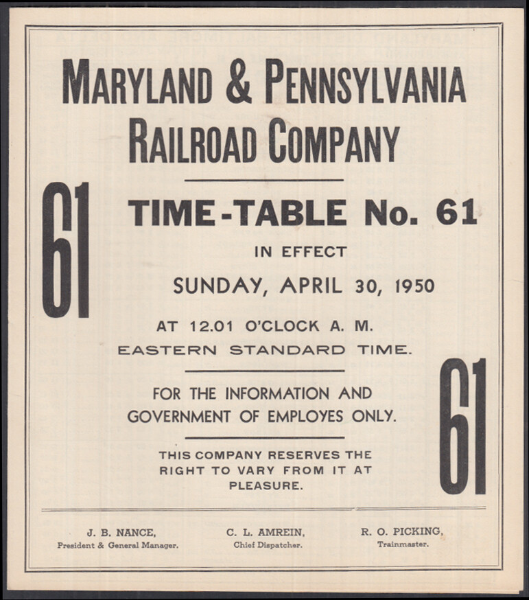 Maryland & Pennsylvania Railroad Employee TimeTable 61 4/30 1950 eBay
