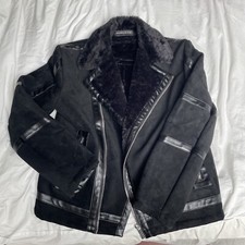 Maniere De Voir Black Faux Suede Fur Leather Trim Bomber Jacket Size Large