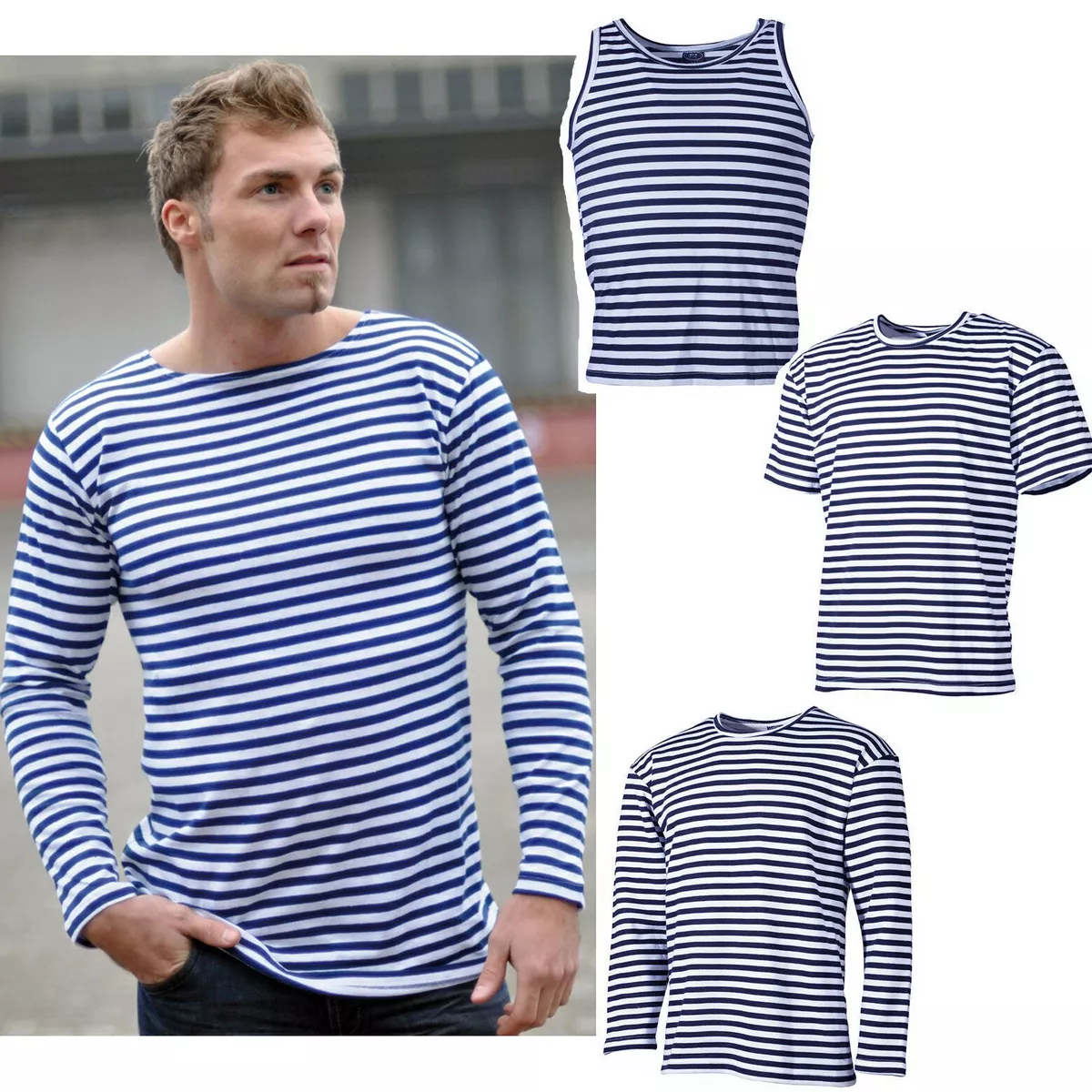 Marino Maglia Top O Pullover XS 6XL Blu Bianco a Righe Marinaio