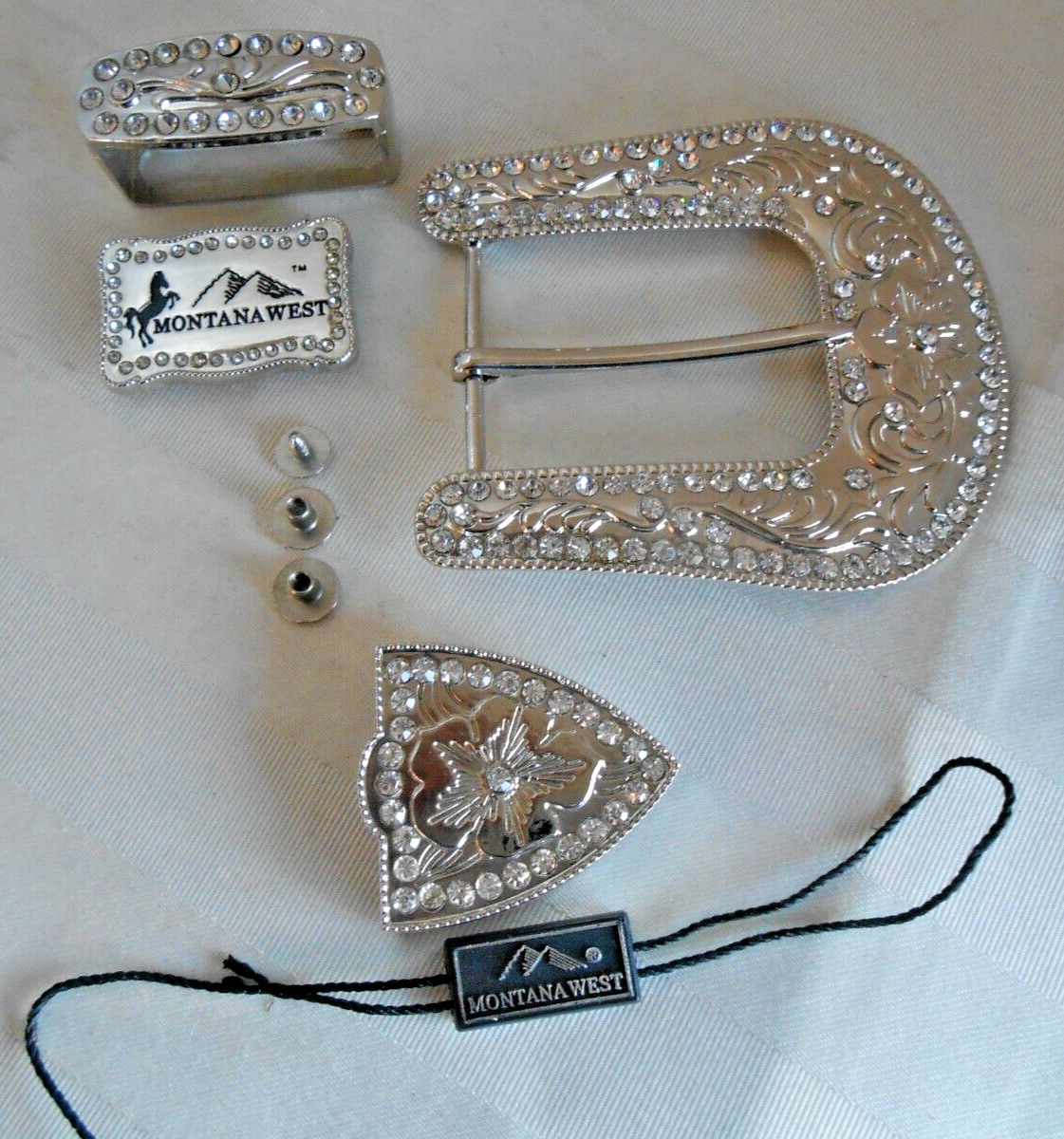 Brass Belt Buckle Western Style Silvertone Rhinestone Bling  display picture 1