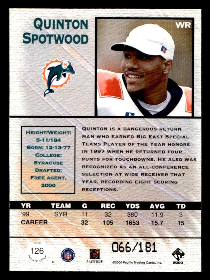 2000 Pacific Private Stock #126 Quinton Spotwood Gold #/181 - Image 2 of 2