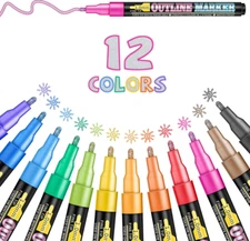 Doodle Dazzle Markers Double Line Outline Pens, 12 Colors Self Outline Metallic