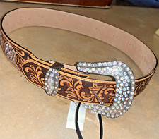 Womens Tony Lama Memphis Lights Tooled Brown Leather Rhinestone Belt 34 NewW/Tag