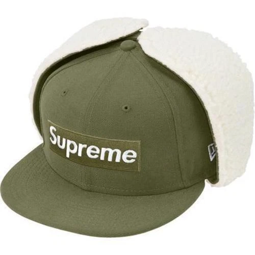 Casquette Supreme x NEW ERA 21fw cache oreilles logo boîte 7 5/8 olive
