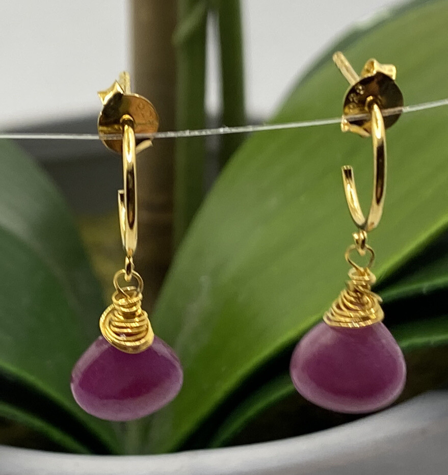 Ruby Drop, 22k Vermeil wire wrapped Hoop Post earrings. Handmade, Reiki