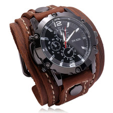 Wide Leather Watch Cuff Band Brown Wrist Black Strap Punk Retro Quartz Mens New