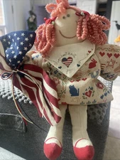 Vintage Patriotic Girl Handmade Shelf Sitter Rag Doll Signed By Artist 1991