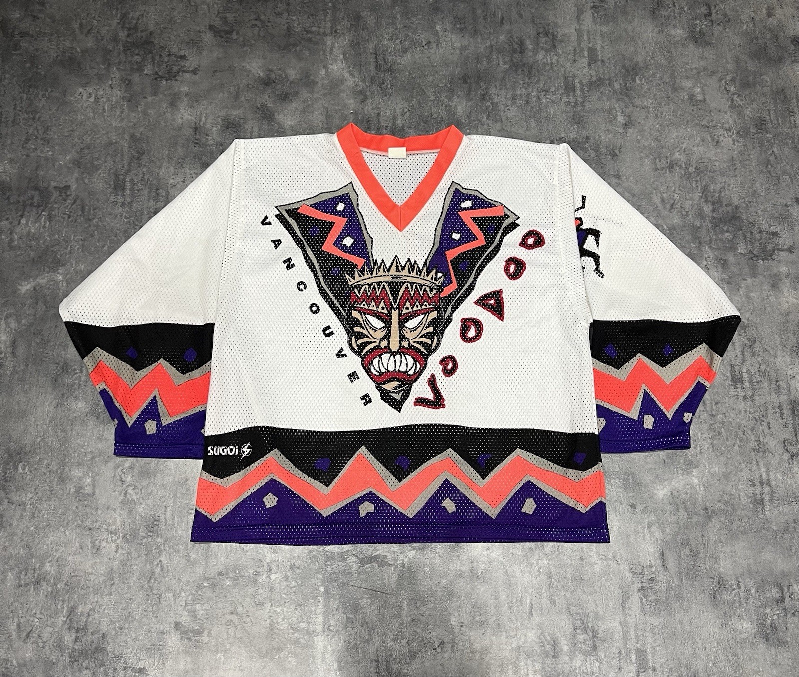 Vintage 90s Vancouver VooDoo Sugoi RHI Roller Hockey Jersey Tribal Neon Grail