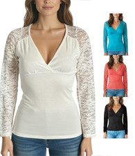 V- Neck Long Sleeves Lace Insert Tee Top S L