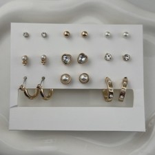 Gold Tone Stud Hoop Earring Set Pearls, Hearts Crystal Studs Multi Pair