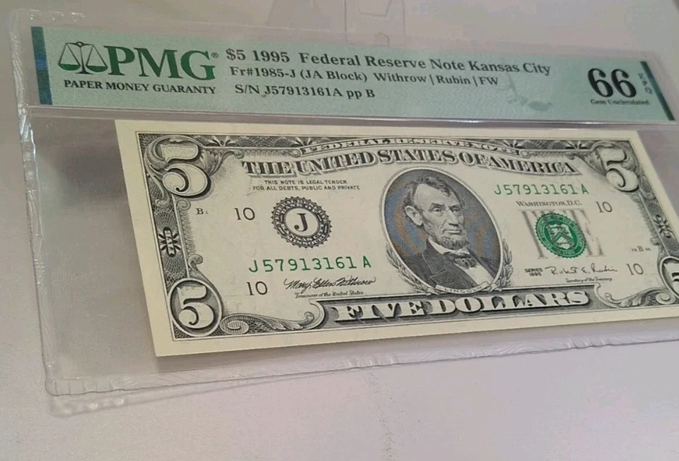 US $5 1995 PMG 66 EPQ UNC Fr #1985-J FRN Kansas City Withrow/Rubin/FW - Image 4 of 4