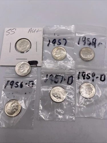 ROOSEVELT  SILVER DIMES (7) Total  1954 to 1959 P-D-S Mix Lot # 3A AUBU ?