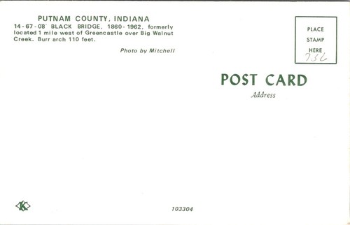 Putnam County Indiana Black Bridge Covered Big Walnut Creek Vintage Postcard A23 - Picture 2 of 2