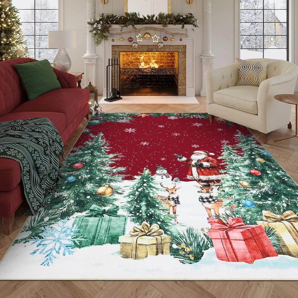 Christmas Carpet Living Room Rug Non Slip Washable Santa & Snowman Festive Red - Image 2 of 4