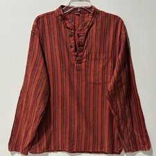 UNBRANDED Shirt Unisex Sz XL Rustic Red 100 Cotton Boho Indian Stripe Kurta