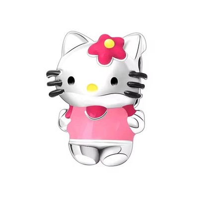 HELLO KITTY PINK FLOWER 925 STERLING SILVER EUROPEAN BRACELET CHARM BEAD & POUCH