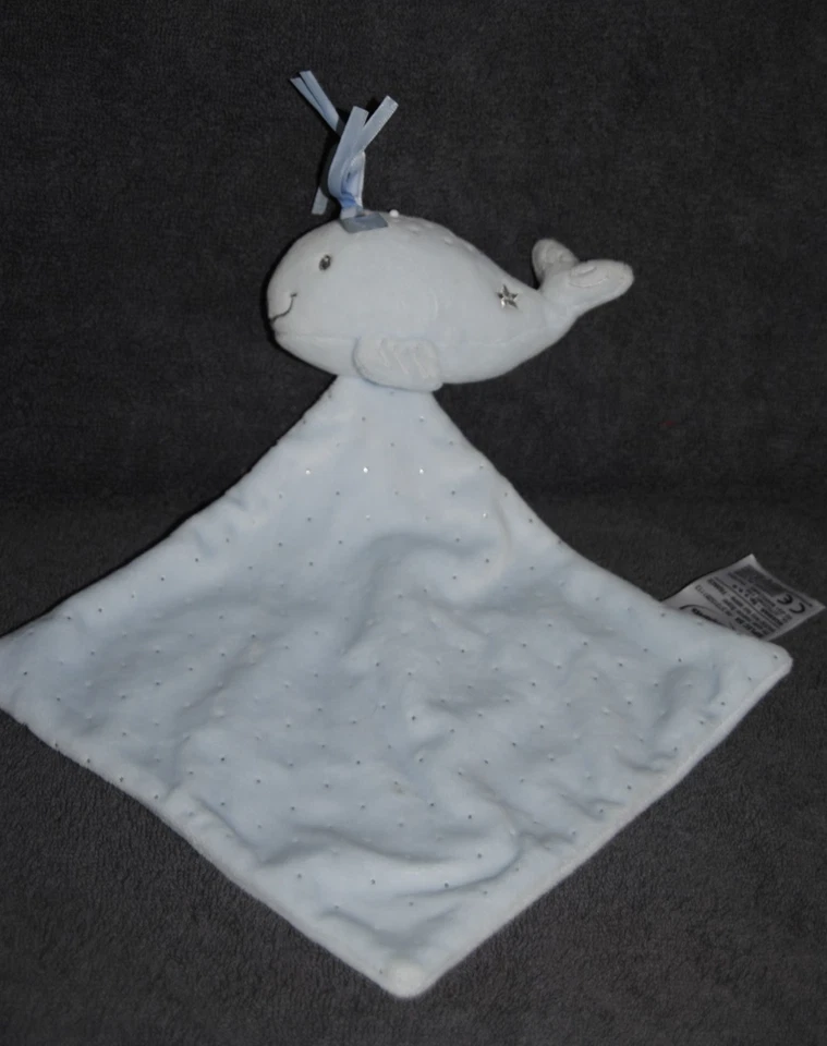 🍀Doudou Plat Poisson Baleine Mouchoir MOTS D'ENFANTS Bleu Pois Argent Eat NEUF - Photo 1/2