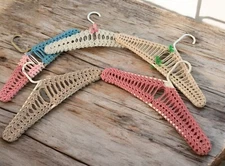 5 Crocheted Handmade Yarn Knit Coat Hangers Pink Blue Tan white Pastel Vintage-