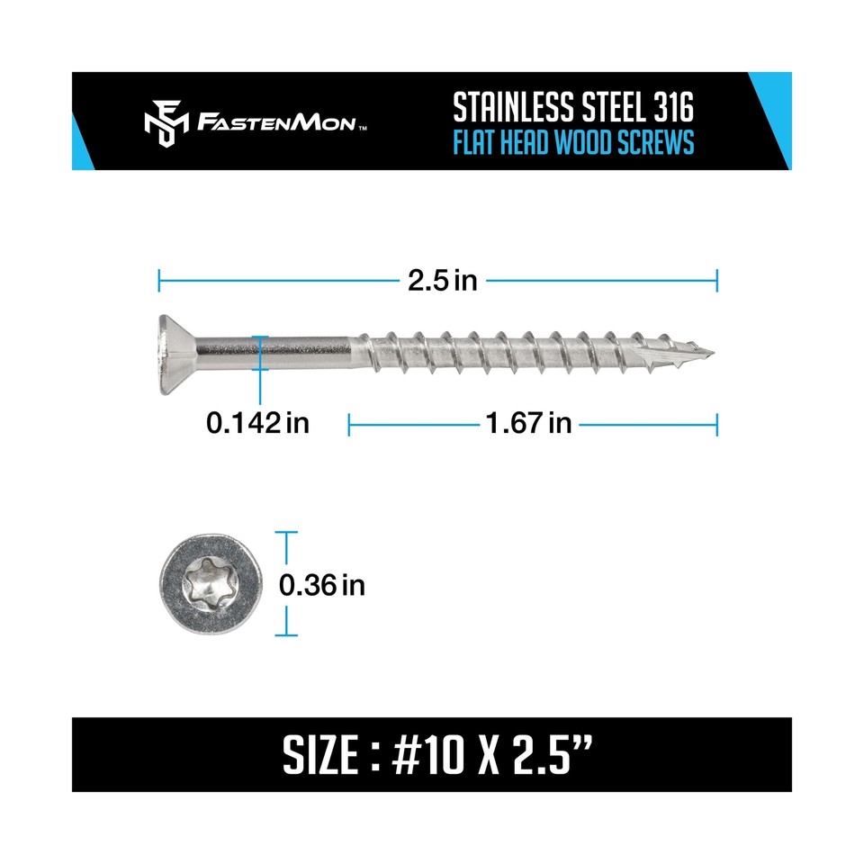 10 x 21/2" Marine Grade Type 316 Stainless Steel Wood Screws 1200