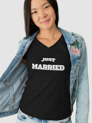 Just Married V Neck Shirt Bride Groom Mr Mrs Wedding Tee Wife Husband Match