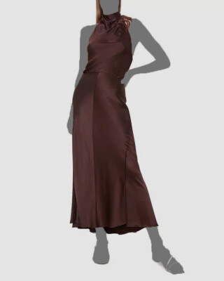 chinese dress ladies Brown Draped Asymmetric Maxi Dress Xs